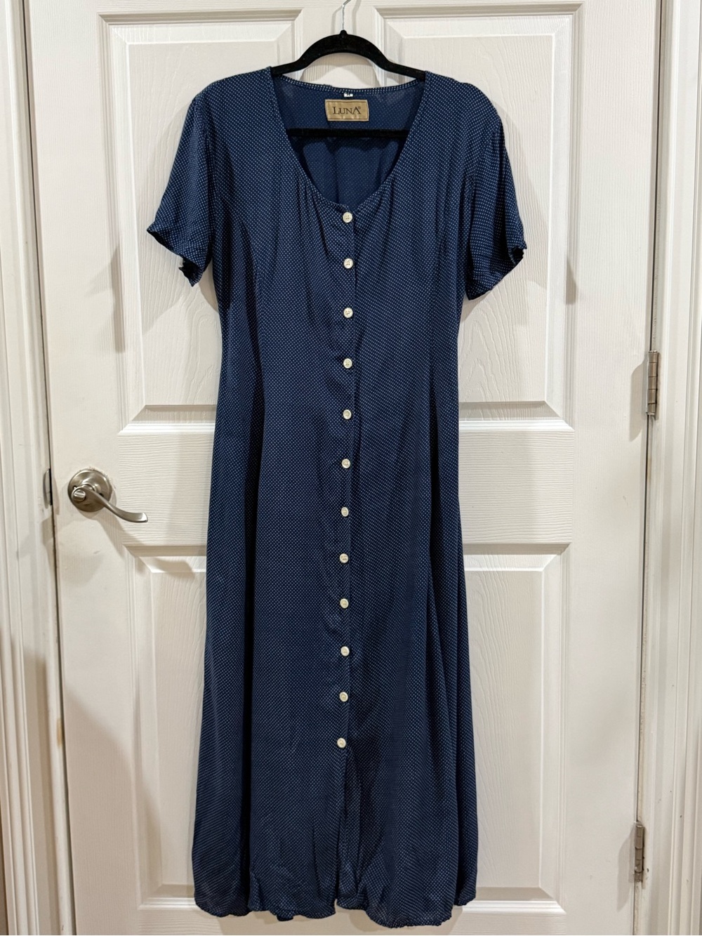 Vintage Luna Navy Polka Dot Maxi Dress Size M - Picture 2 of 7